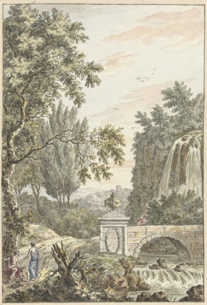 Arcadian forest landscape with a waterfall, a bridge and three young men, 1780. Creator: Dirk Versteegh.