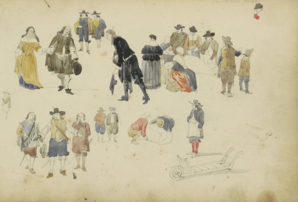 Figures in seventeenth-century clothing, c. 1846-c. 1882. Creator: Cornelis Springer.