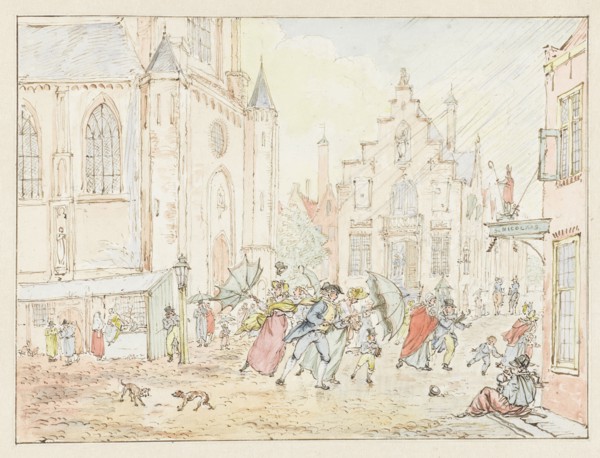 Square with people in the rain, 1782-1837. Creator: Pieter Bartholomeusz. Barbiers.