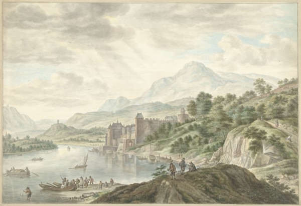 Hilly landscape with a castle on a river, 1795. Creator: Abraham Delfos.
