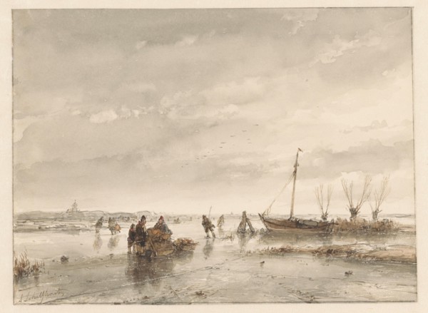 Winter landscape with frozen lake, 1797-1870. Creator: Andreas Schelfhout.