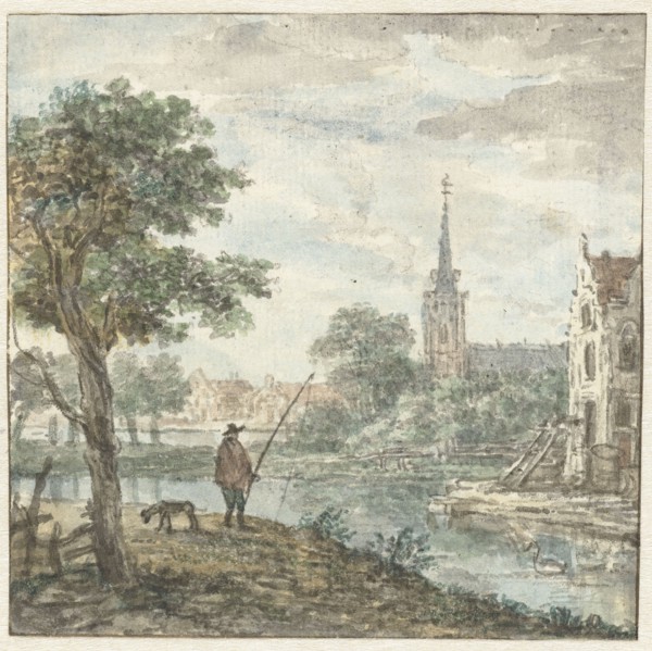 View of a city with an angler in the foreground, c. 1700-c. 1800. Creator: Anon.