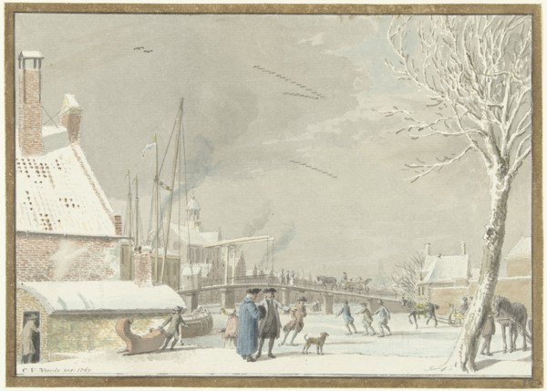 Frozen city canal with skaters, 1769. Creator: Cornelis van Noorde.