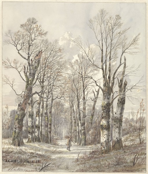 Winter landscape with firewood gatherer on forest path, 1813-1856. Creator: Hendrik Gerrit ten Cate.