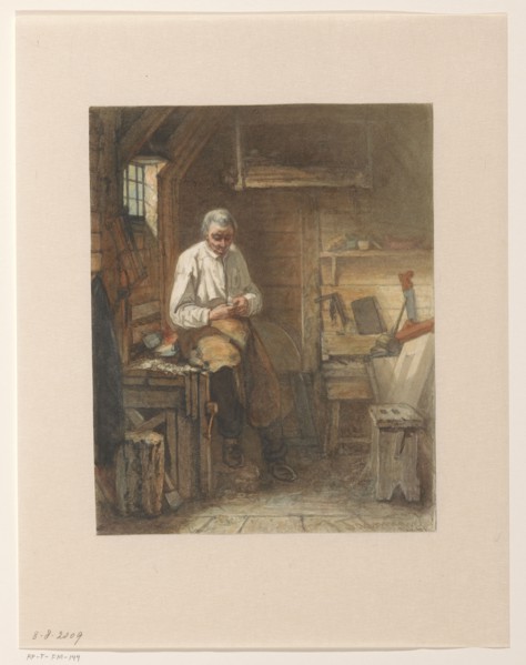 Carpenter sitting on a planer in his workshop, 1861. Creator: Jacob Taanman.
