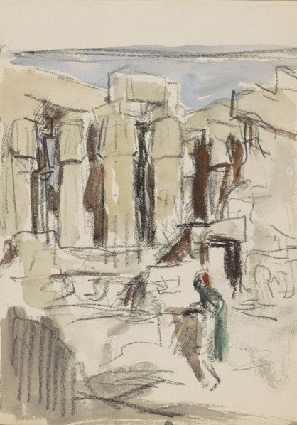 Figure at the colonnade of the Luxor Temple, 1919. Creator: Marius Bauer.