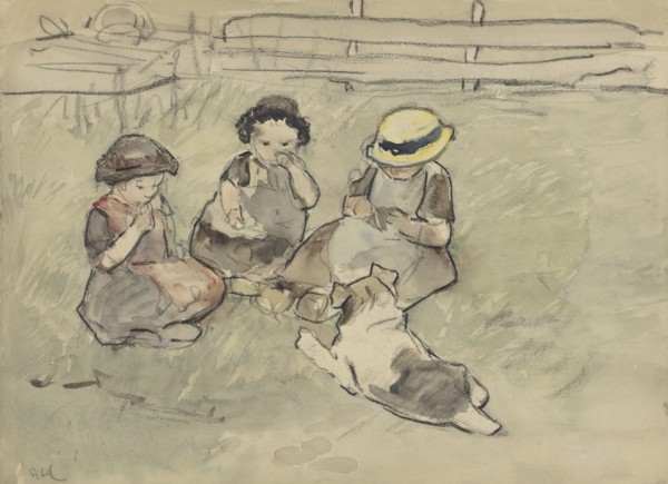 Three girls with a dog sitting in a meadow, 1860-1921. Creator: Adolf le Comte.