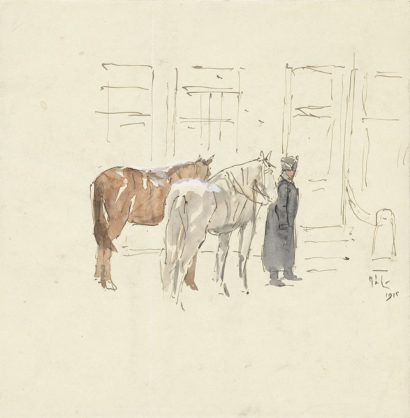 Man with two horses in front of a building, 1915. Creator: Adolf le Comte.
