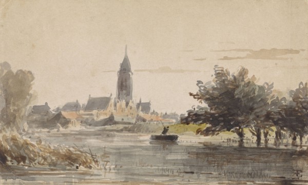 View of a town, seen from across a river, 1828-1897. Creator: Adrianus Eversen.
