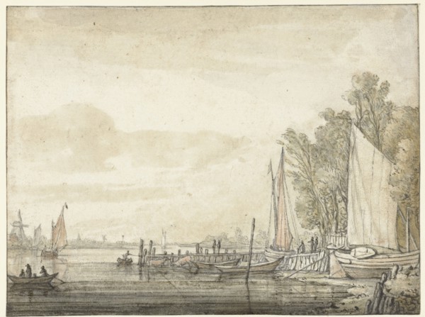 Boats at a jetty in a river, 1641-1642. Creator: Aelbert Cuyp.