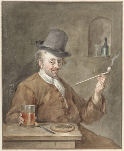 Man smoking a pipe at a table with a plate, a knife and a glass, 1778. Creator: Aert Schouman.