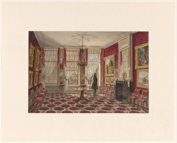 19th century interior with paintings and standing figure, 1842-1848. Creator: Augustus Wijnantz.