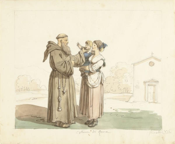 Young woman with child standing in front of a monk, 1816. Creator: Bartolomeo Pinelli.