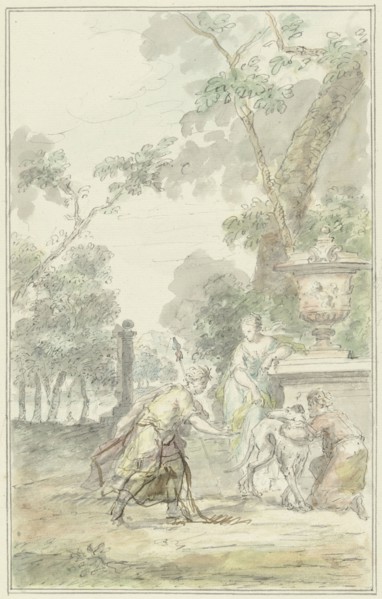 Design for a theatre piece: Dorinda gives Silvio his dog back, 1715-1798. Creator: Dionys van Nijmegen.
