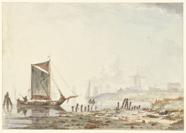 Ships on a river, near the bank, 1813-1856. Creator: Hendrik Gerrit ten Cate.