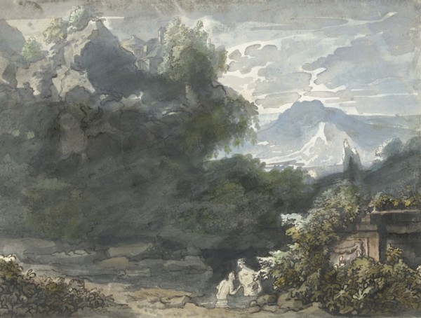Bathers at ancient monument in mountainous landscape, c.1706-c.1759. Creator: Jacob van Liender.