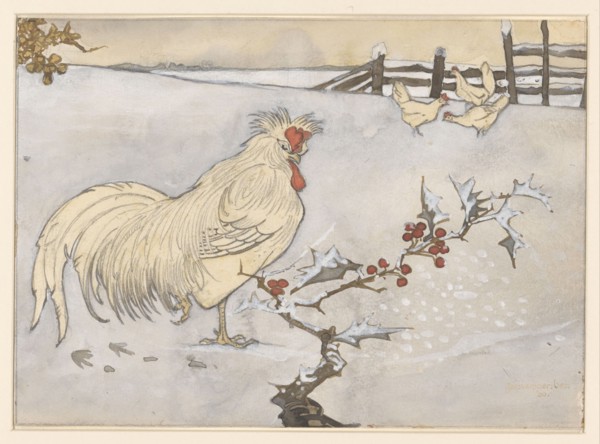 Rooster and three chickens in a snowy landscape with a branch of holly, 1906. Creator: Jan C Van der Ven.