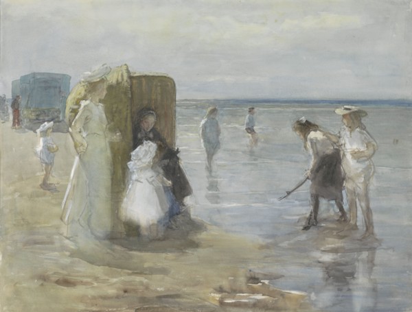 View along the tide line on Scheveningen beach, with women and children, 1874-1927. Creator: Johan Antonie de Jonge.
