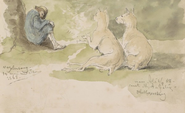 Man sitting against a stump with two dogs, 1868. Creator: Johannes Tavenraat.