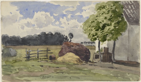 Pile of wood in a pasture at a farm, 1845-1925. Creator: Julius Jacobus van de Sande Bakhuyzen.