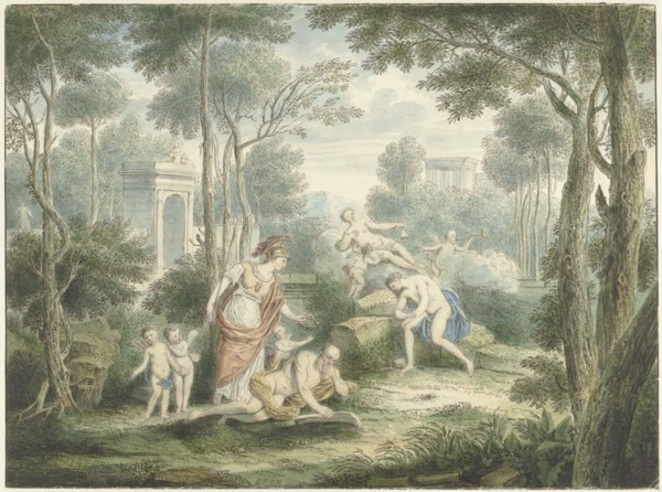 Arcadian landscape with Athena crowning an old man, and Venus and Adonis, 1747. Creator: Louis Fabritius Dubourg.
