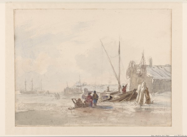 Beach scene with fishermen near a boat in the foreground, 1819-1866. Creator: Johan Hendrick Louis Meijer.