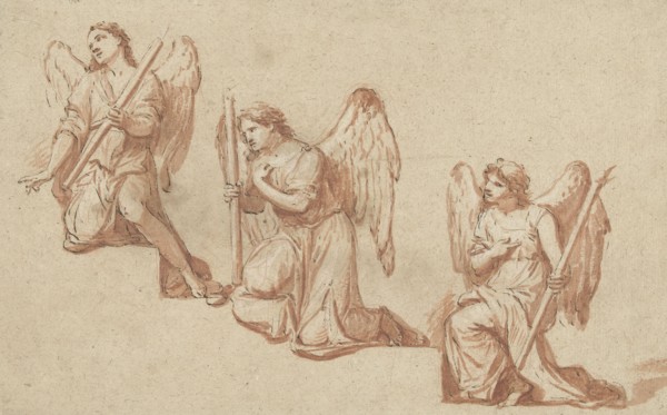 Three studies of kneeling angels with torches, 1690-1699. Creator: Marc Antonio Franceschini.
