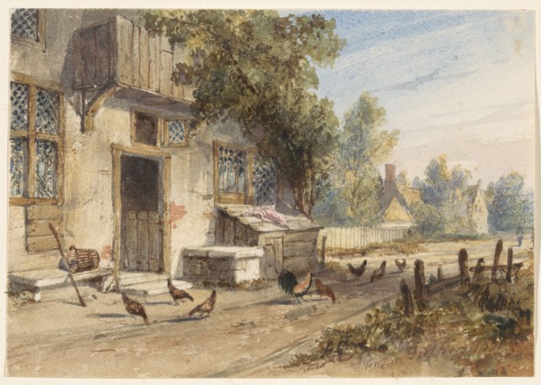 Farmyard with chickens on a country road, 1851. Creator: Newton Smith Limbird Fielding.