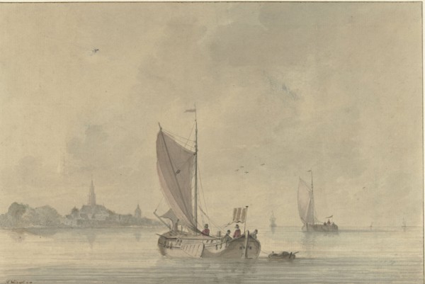 Sailing barges on the water in front of a Dutch town, 1758-1815. Creator: Nicolaas Wicart.