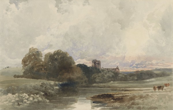 Evening landscape with the ruins of Kirkstall Abbey, Yorkshire, 1794-1849. Creator: Peter de Wint.