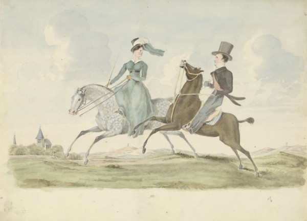 Man and woman on horseback in a landscape, 1811-1873. Creator: Pieter van Loon.