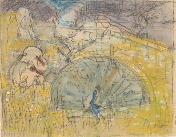 Displaying peacock and two turkeys, 1873-1917. Creator: Theo van Hoytema.