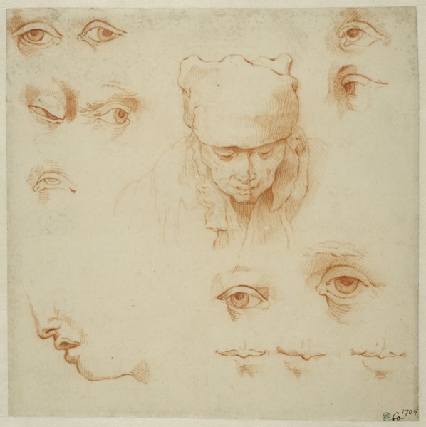 An old woman's head, studies of eyes and mouths. Creator: Abraham Bloemaert.