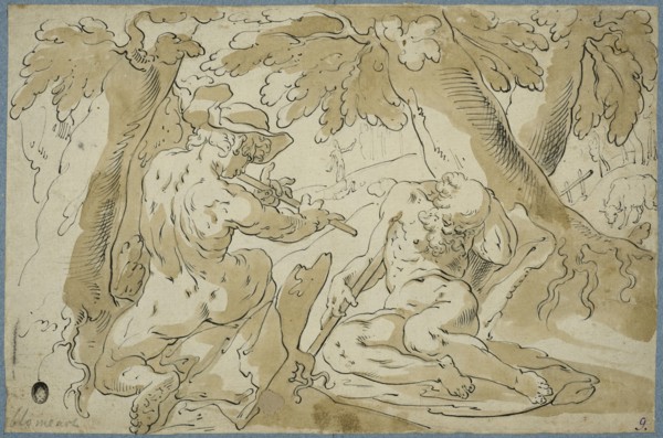 Faun playing flute sleeping shepherd (Merkurius o Argus). Creator: Abraham Bloemaert.