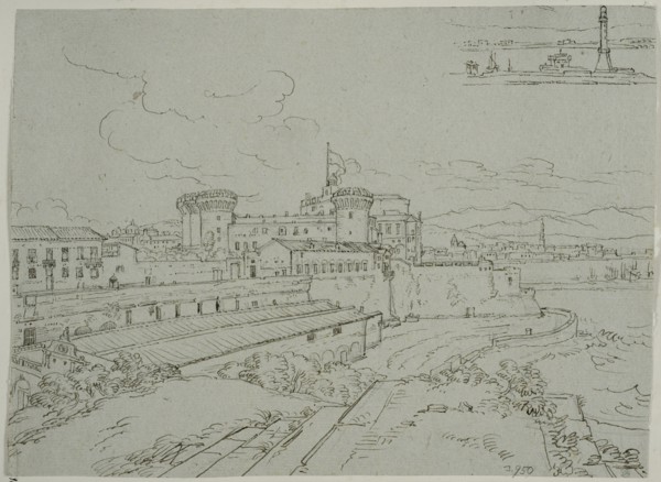 Castel Nuovo in Naples, and a sketch of the lighthouse. Creator: Adriaen Honing.