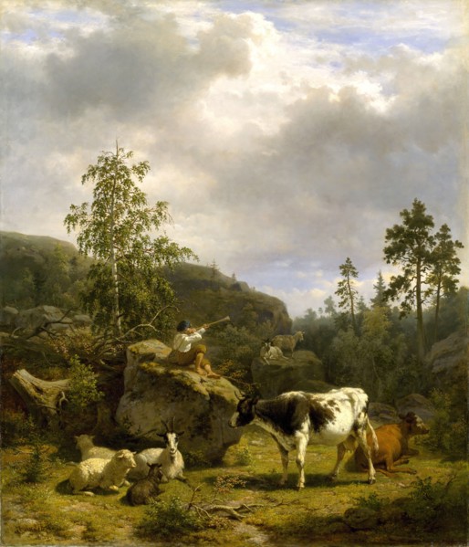 Forest Landscape with a Shepherd Boy and Cattle, 1856. Creator: Nils Andersson.