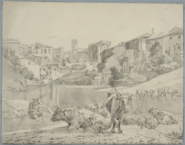 Cattle on the river Aniene in Tivoli. Creator: Willem Romeyn.