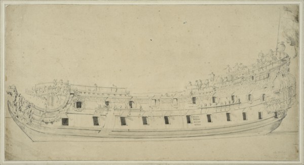 British double-decked warship, harbor view. Creator: Willem van de Velde the Younger.