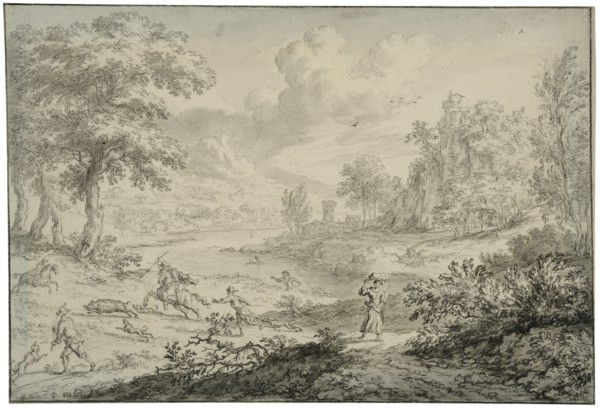 Italian landscape with wild boar hunting. Creator: Dirck Dalens II.