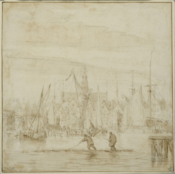 harbour with two men on a raft. Creator: Pieter Coopse.