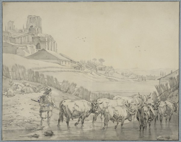 Shepherd with cattle on a river bank. Creator: Unknown.