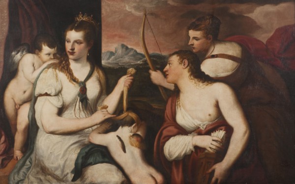 Venus blindfolds Cupid's eyes, mid-16th century. Creator: Andrea Schiavone.