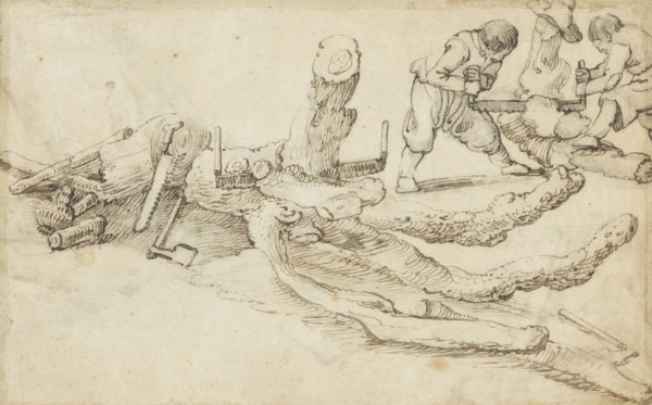 Woodcutters Cutting up Tree Trunks. Creator: Jan van de Velde II.