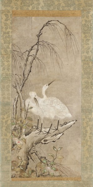 Winter Landscape of Two Herons, Willow, and Tea Plants Blossoms, c1550. Creator: Anon.
