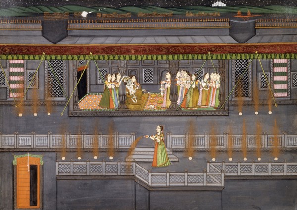 Krishna and Radha Enjoying a Feast and Fireworks, early 19th century. Creator: Unknown.