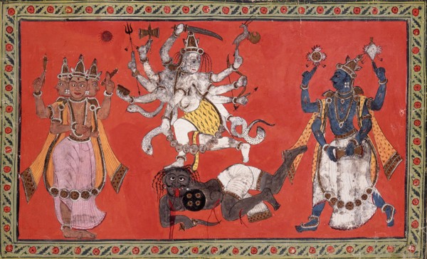 Shiva Performing the Dance of Bliss while Vishnu and Brahma Provide Musical Accompaniment, c1760. Creator: Unknown.