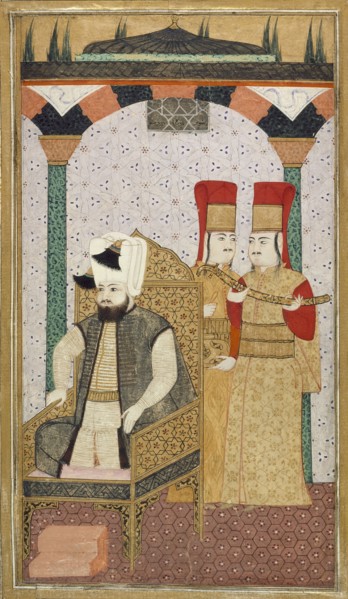 Sultan Mehmet III (reigned 1595-1603) Enthroned, Attended by Two Janissaries, c1600. Creator: Unknown.