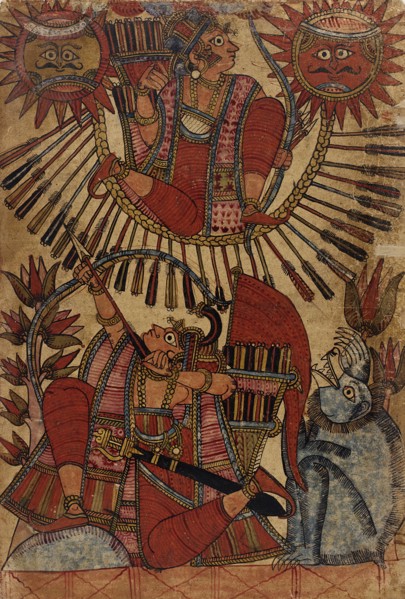 Vrishaketu Shoots Babhruvahana into the Air on a Circle of Arrows (recto)..., c1850. Creator: Unknown.