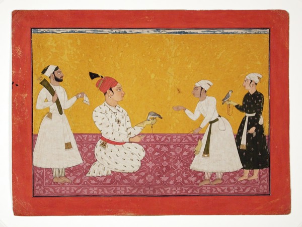 Raja Medini Pal (Reigned 1722-1736) of Basohli Being Presented with a Falcon, c1725. Creator: Unknown.
