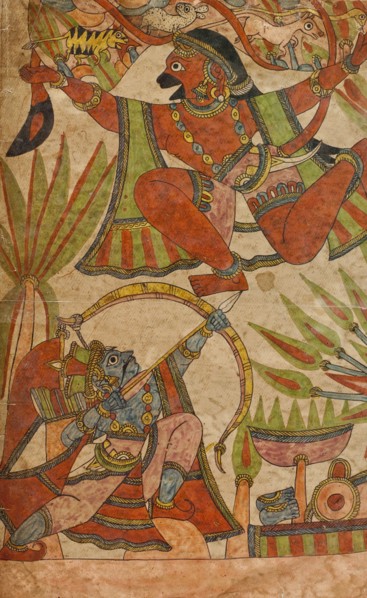 Bharata Shoots at Hanuman as He Flies Over with the Medicinal Herbs (recto)..., c1850. Creator: Unknown.